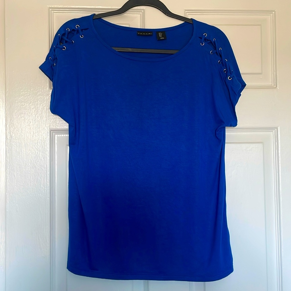 Tahari Cobalt Blue Lace-up Shoulder Tee (Size S)